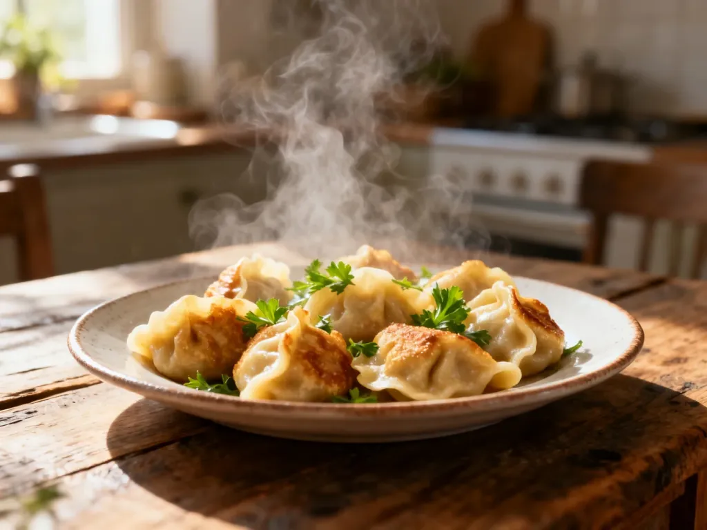 Talerz gorących, świeżo ugotowanych pierogów z ziołami na rustykalnym drewnianym stole w przytulnej kuchni.