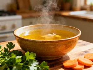 Kostka świeżego tofu na drewnianej desce w jasnej kuchni, otoczona świeżymi ziołami i warzywami.