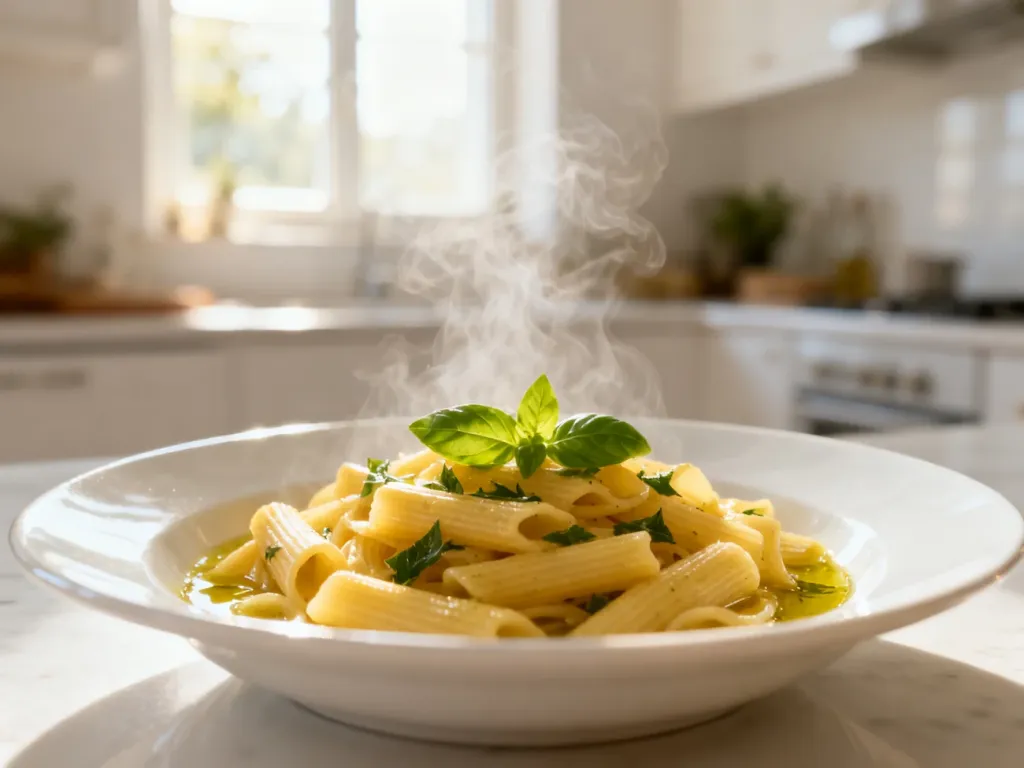 Talerz świeżego makaronu al dente z oliwą i ziołami w jasnej, słonecznej kuchni.