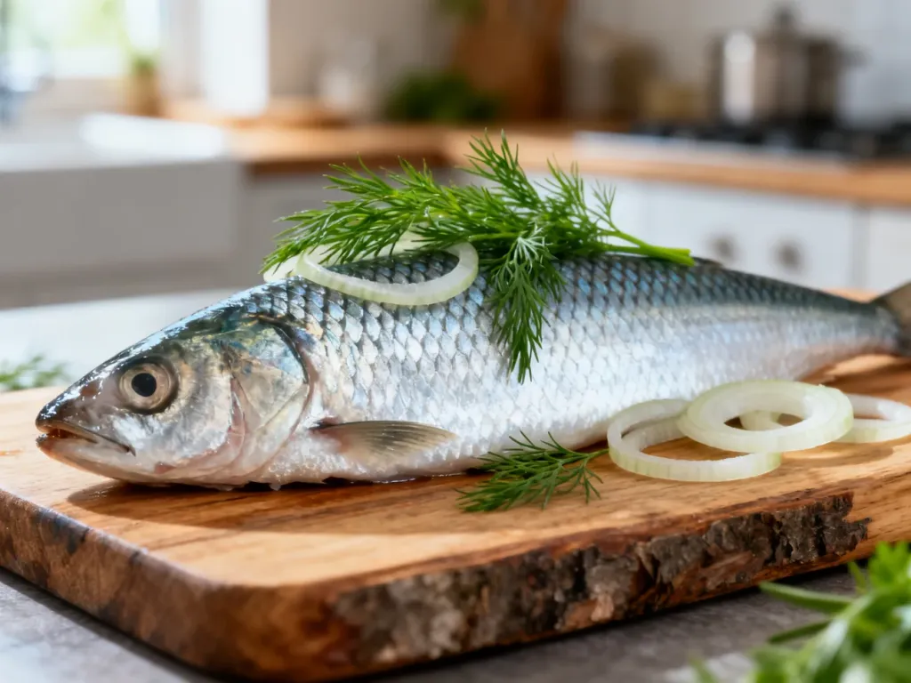 Świeży filet ze śledzia z koperkiem i cebulą na drewnianej desce. Apetyczna prezentacja zdrowej ryby w kuchni.
