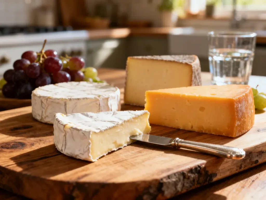 Różnorodne sery, w tym brie i cheddar, ułożone na drewnianej desce w przytulnej kuchni.