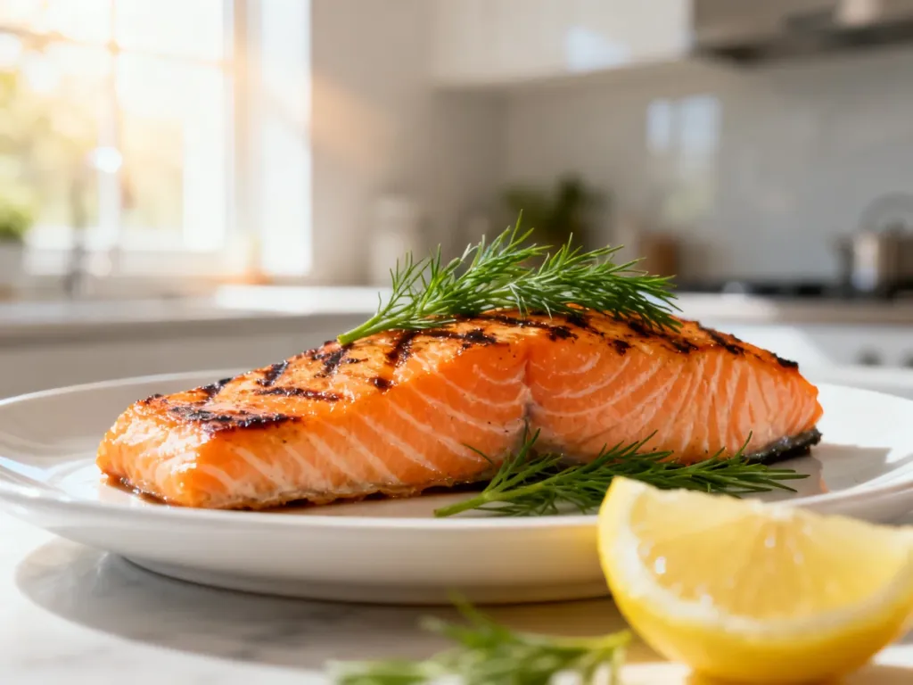 Pieczony filet z łososia z koperkiem i cytryną na białym talerzu, prezentujący lekkostrawny i zdrowy posiłek.